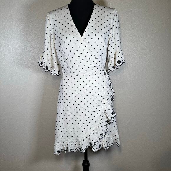 WAYF Hatty Ruffle Wrap Mini Dress Ivory polka dot embroidery Women Size unknown - Picture 1 of 12